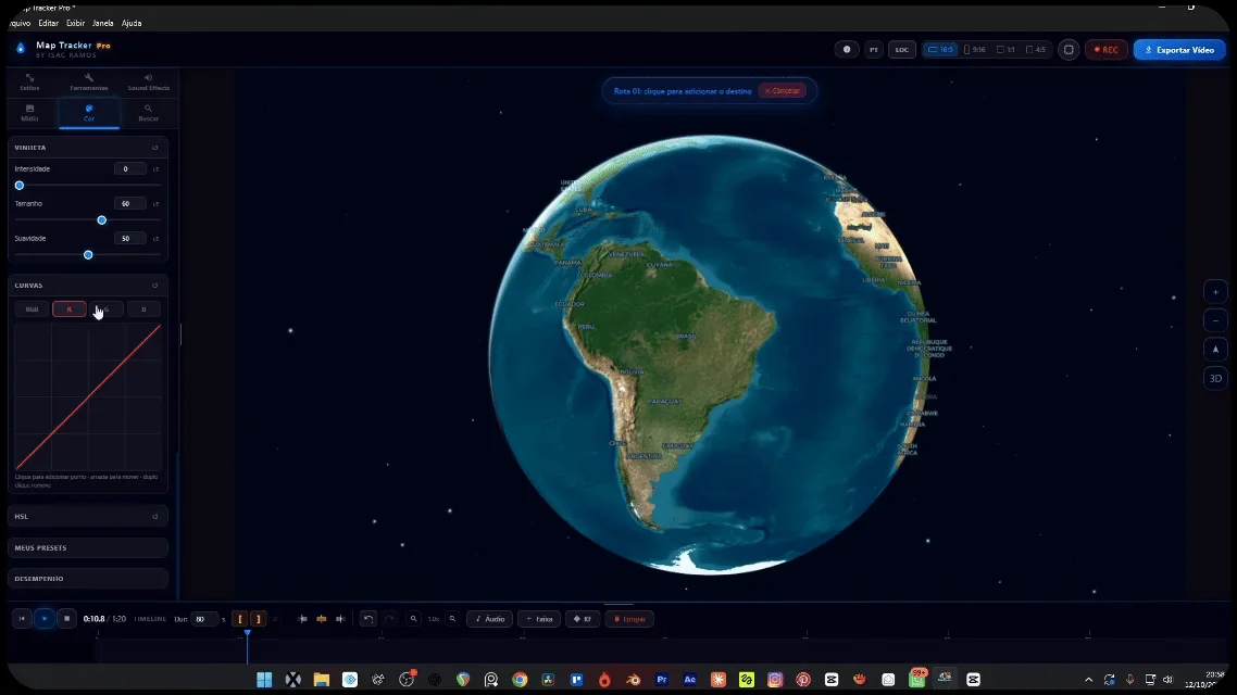 Painel de correção de cor do Map Tracker Pro com filtros e ajustes